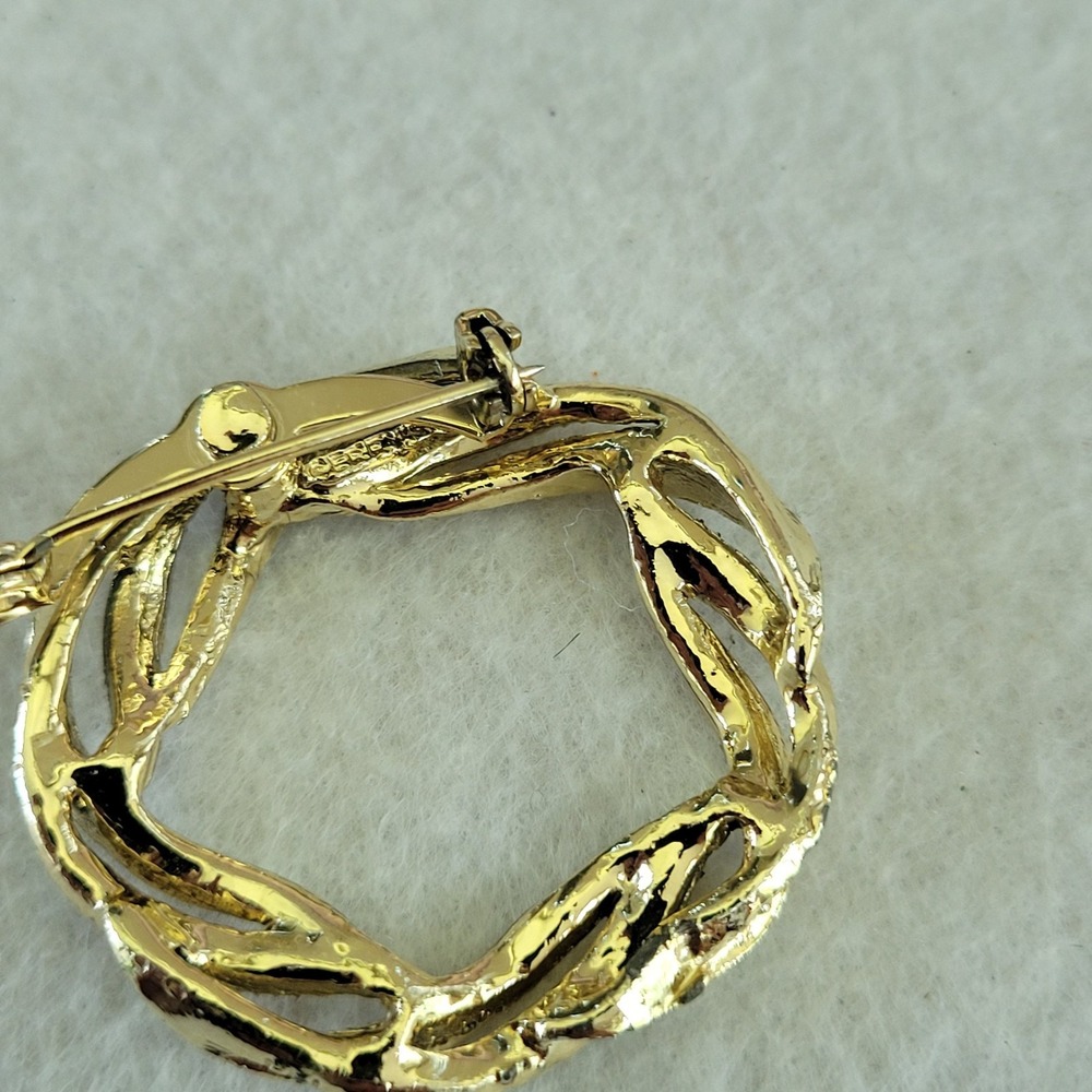 Vintage Gold Tone Filigree Brooch Rhinestone Art Deco Revival Pin